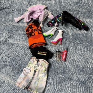 Rainbow Multi-Color Doll Outfit Set with Black Logo Tee and Accessories